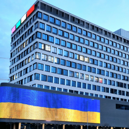 ELA building with Ukrainian flag displayed on it