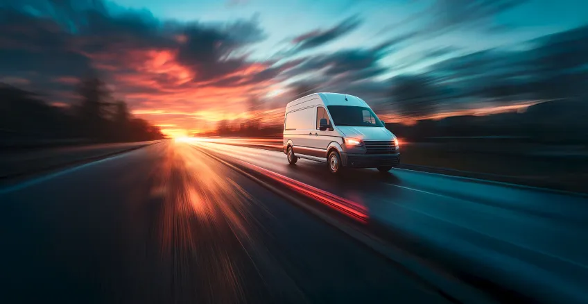 Promotional graphic showing a light commercial van on a road with text announcing new EU rules for light vehicles starting 1 July 2026.