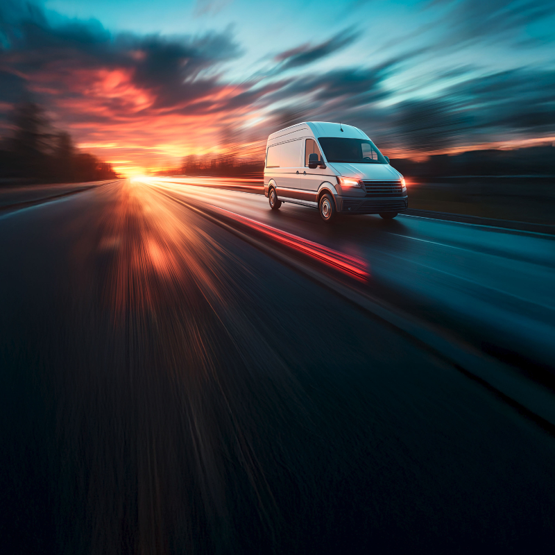 Promotional graphic showing a light commercial van on a road with text announcing new EU rules for light vehicles starting 1 July 2026.